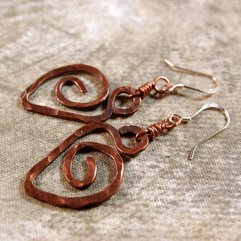 Hammered Heart Copper Earrings Hung on Sterling Silver Ear Wires