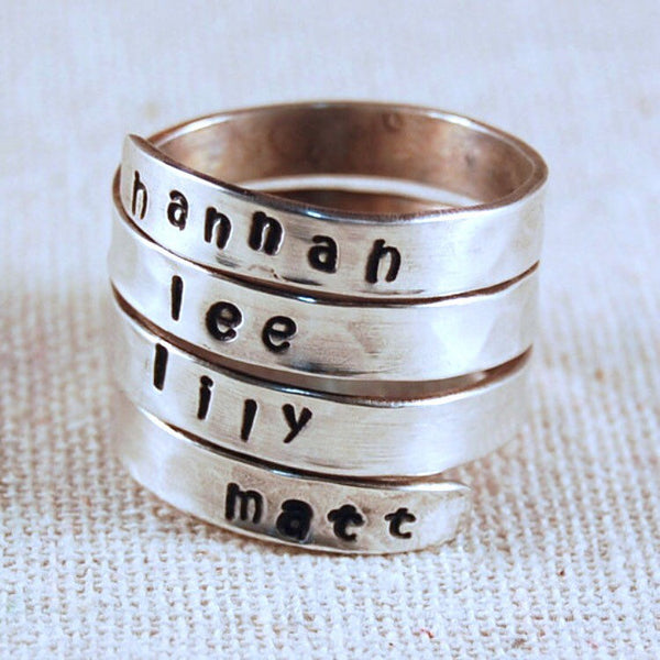 Mothers Ring for 4 Names Hand Stamped Ring Personalized Name Ring Wrap Ring Custom Ring Sterling Silver Ring