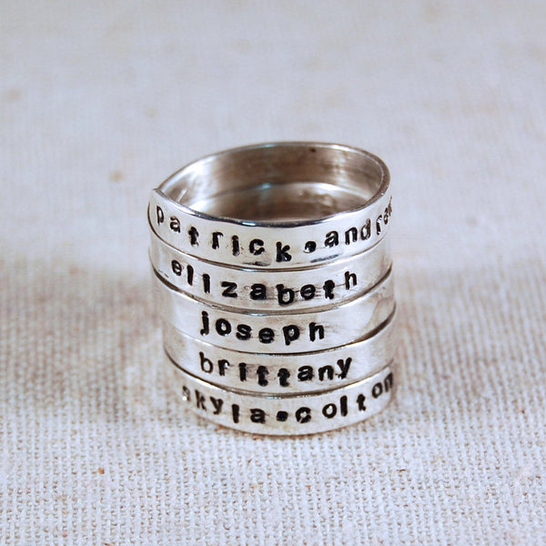 Personalized Mothers Ring, 5 Name Ring, Hand Stamped Mothers Ring, Personalized Name Ring, Wrap Ring Custom Ring Sterling Silver Ring