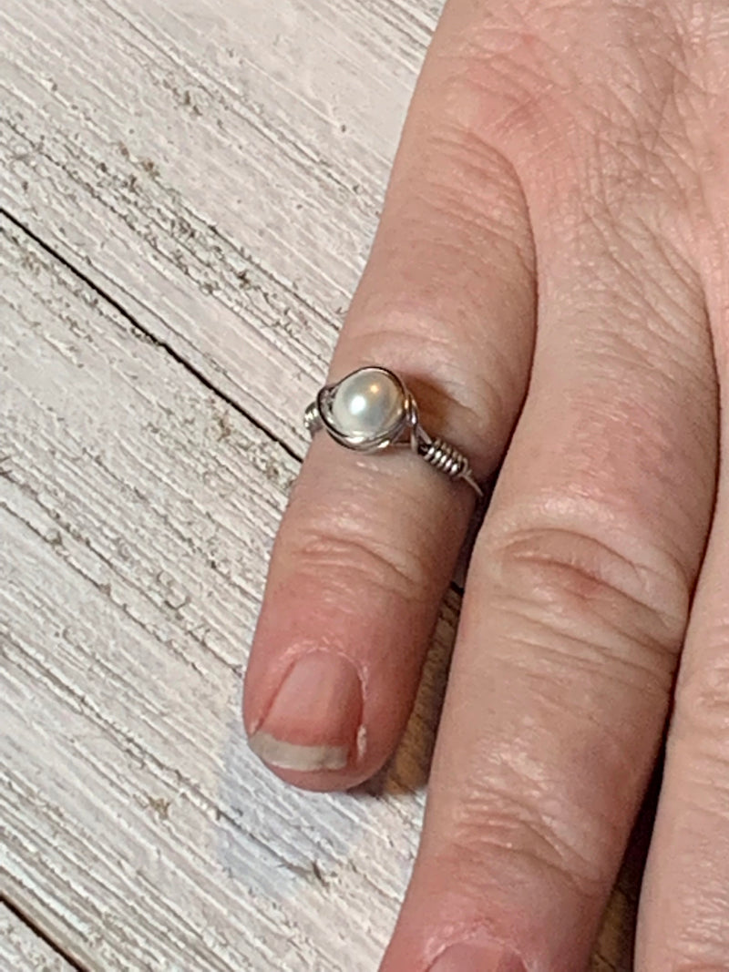 White Pearl Ring Wire Wrapped in Stainless Steel Wire