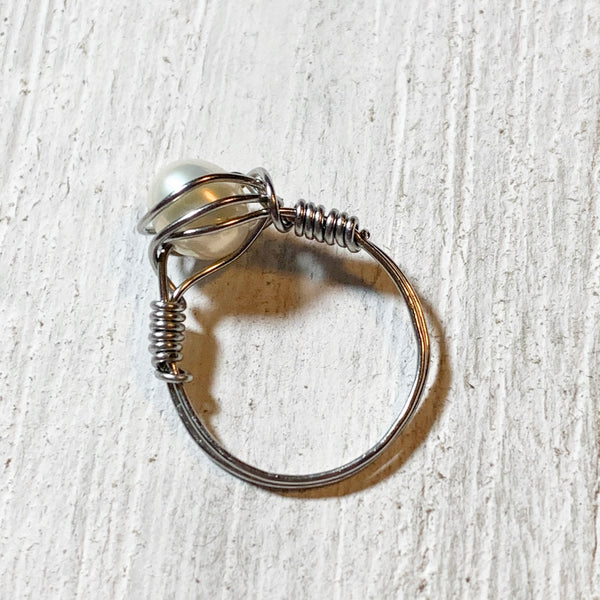 White Pearl Ring Wire Wrapped in Stainless Steel Wire