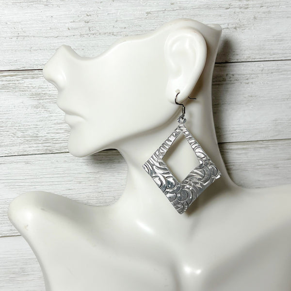 Hammered Diamond Shaped Drop Earrings w/ Sterling Silver Earwires