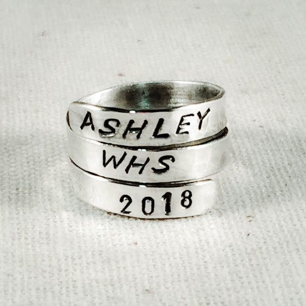 Graduation Ring, Class Ring Sterling Silver Handstamped Ring