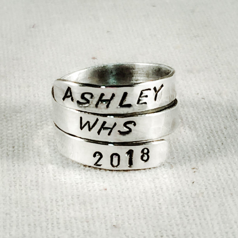 Graduation Ring, Class Ring Sterling Silver Handstamped Ring