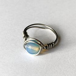 White Opal Ring Wire Wrapped in Stainless Steel Wire