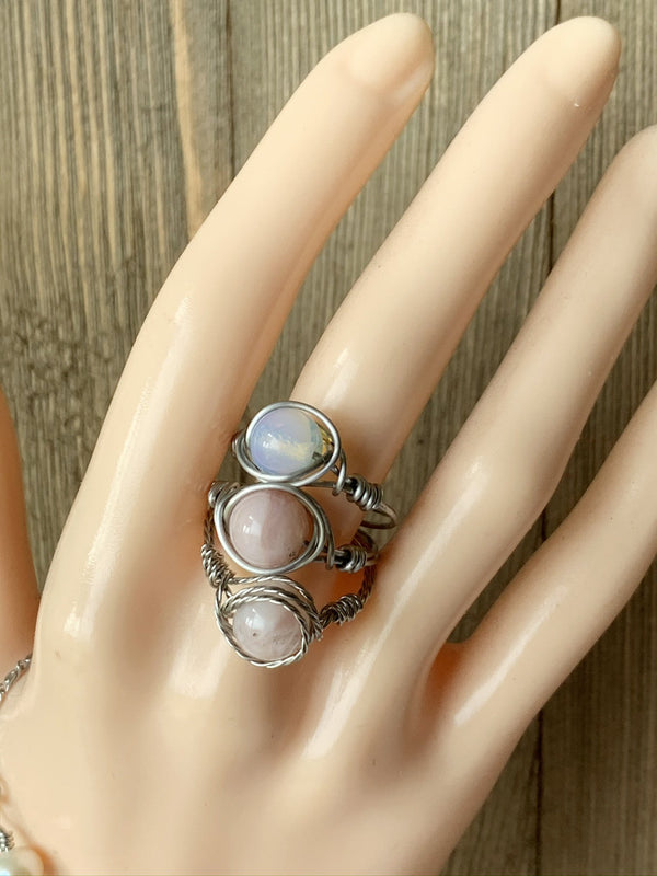 White Pearl Ring Wire Wrapped in Stainless Steel Wire