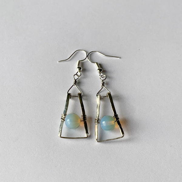 White Opal Dangle Earrings Wrapped Around Sterling Silver | Stainless Steel Earwires