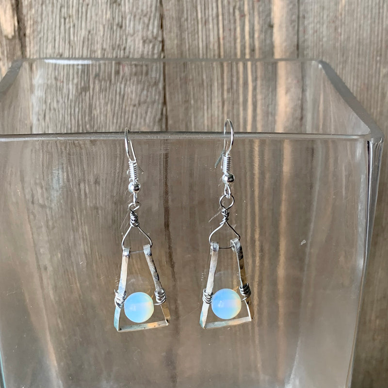 White Opal Dangle Earrings Wrapped Around Sterling Silver | Stainless Steel Earwires