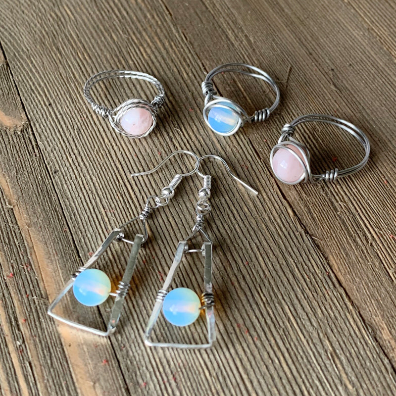 White Opal Ring Wire Wrapped in Stainless Steel Wire
