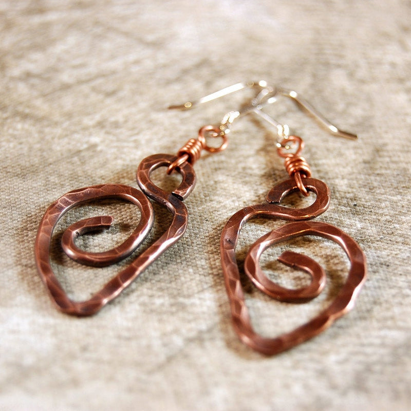 Hammered Heart Copper Earrings Hung on Sterling Silver Ear Wires
