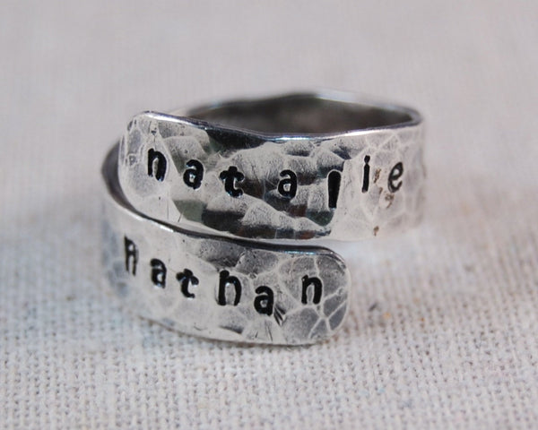 Mothers Ring Personalized Ring Sterling Silver Mother Ring Name Ring Hand Stamped Wrap Ring