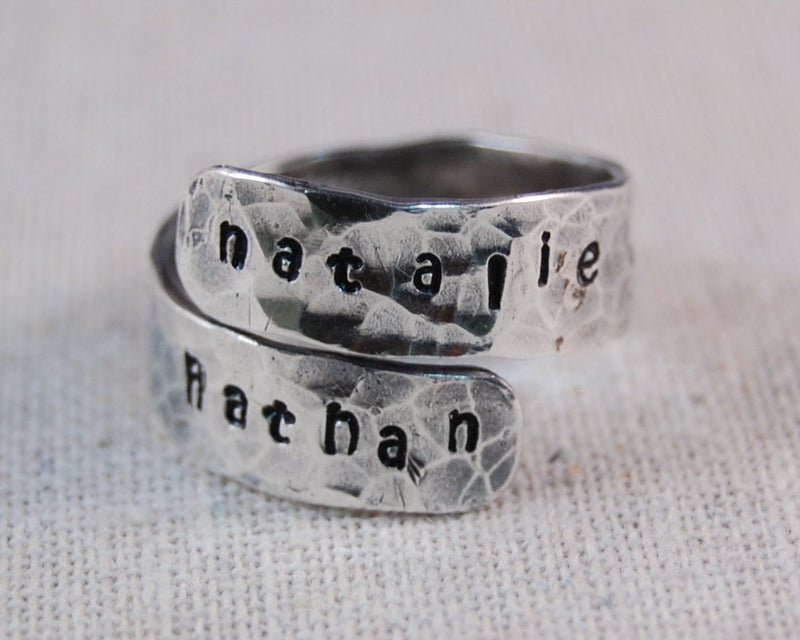 Mothers Ring Personalized Ring Sterling Silver Mother Ring Name Ring Hand Stamped Wrap Ring