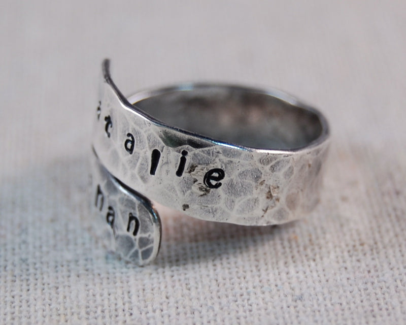 Mothers Ring Personalized Ring Sterling Silver Mother Ring Name Ring Hand Stamped Wrap Ring