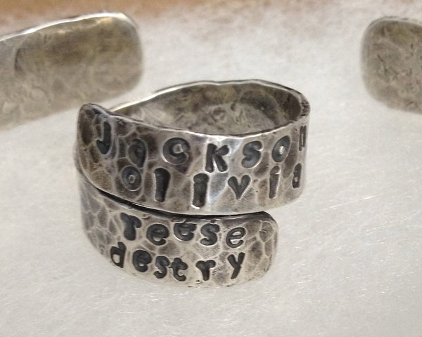 Mothers Ring Personalized Ring Sterling Silver Mother Ring Name Ring Hand Stamped Wrap Ring