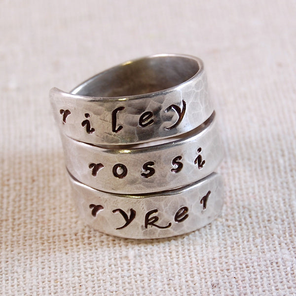 Mothers Ring Name, Personalized Ring for Mom, 3 Name Ring, Custom Ring, Hand Stamped Ring, Mothers Name Ring, Triple Wrap Ring