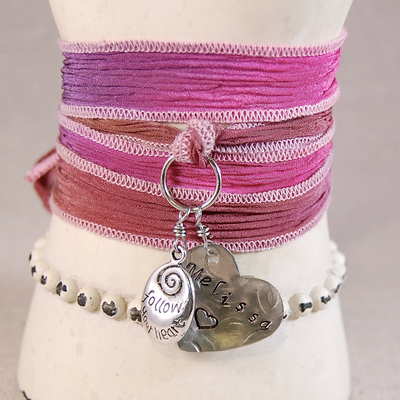 Personalized Bracelet, Mothers Bracelet, Name Bracelet, Charm Bracelet, Silk Ribbon Bracelet