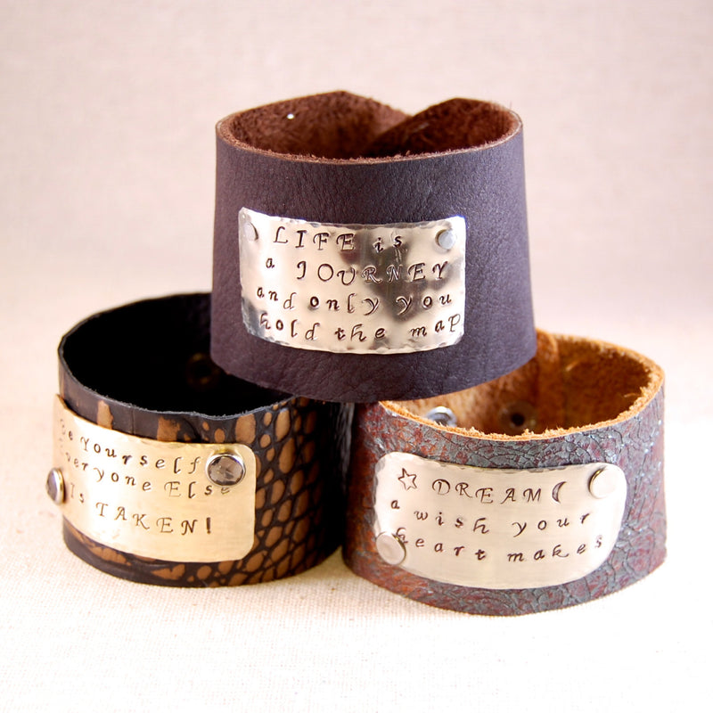Mens Leather Cuff Bracelet with Custom Message