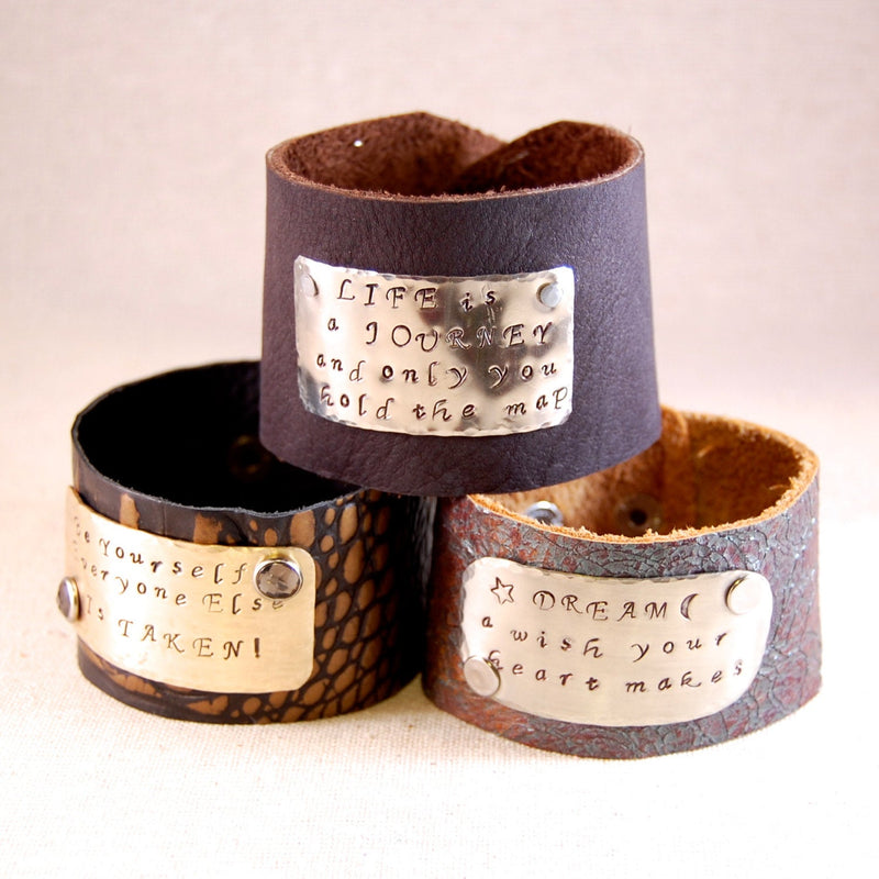 Inspirational Bracelet Leather Cuff Bracelet for women Mantra Bracelet Hand Stamped Bracelet