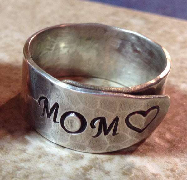 Mothers Ring, Ring for Mom, Sterling Silver Mother Ring, Hand Stamped Wrap Ring, Mom Ring