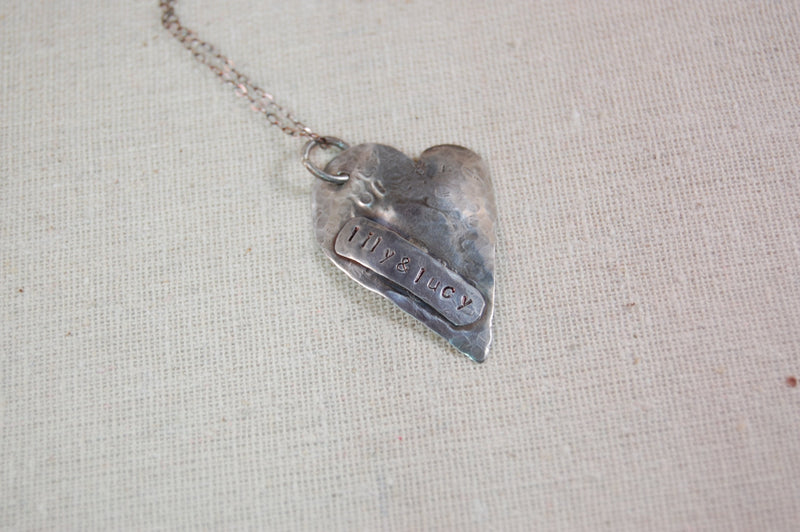 Personalized Necklace, Mother Necklace, We Love You to the Moon and Back Sterling Silver Hammered Heart