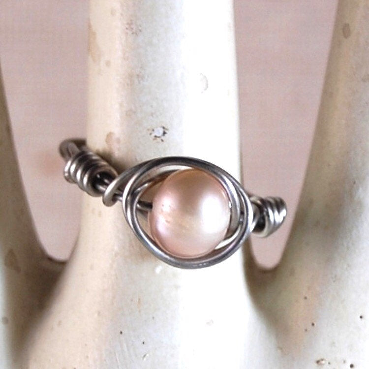 Stainless Steel Wire Wrapped Ring with Fresh Water Pearl Gift Ideas for Girlfriend Gift Ideas for Her