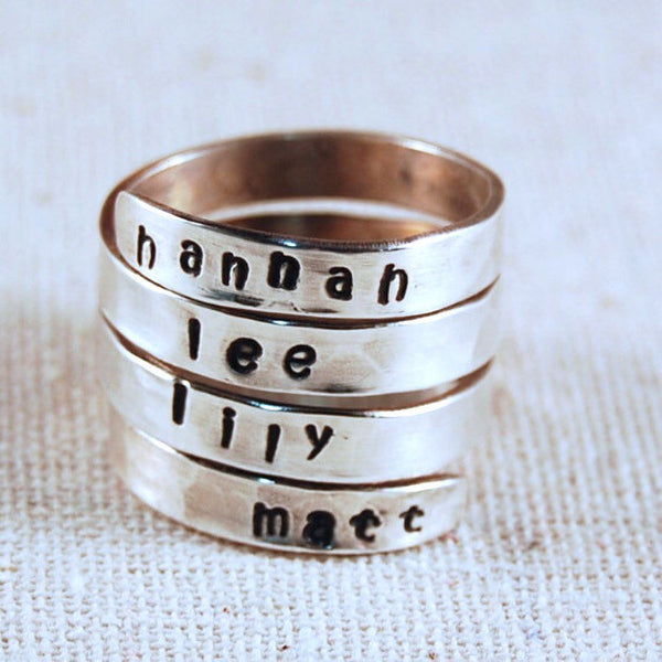 Mothers Ring for 4 Names Hand Stamped Ring Personalized Name Ring Wrap Ring Custom Ring Sterling Silver Ring