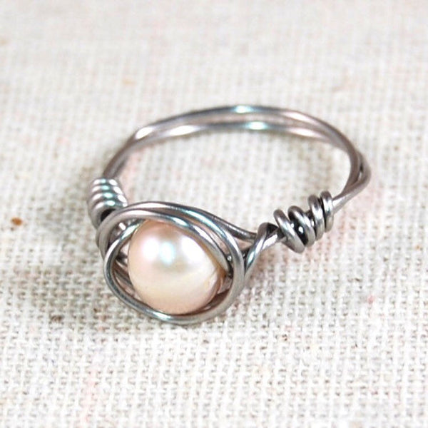 Stainless Steel Wire Wrapped Ring with Fresh Water Pearl Gift Ideas for Girlfriend Gift Ideas for Her