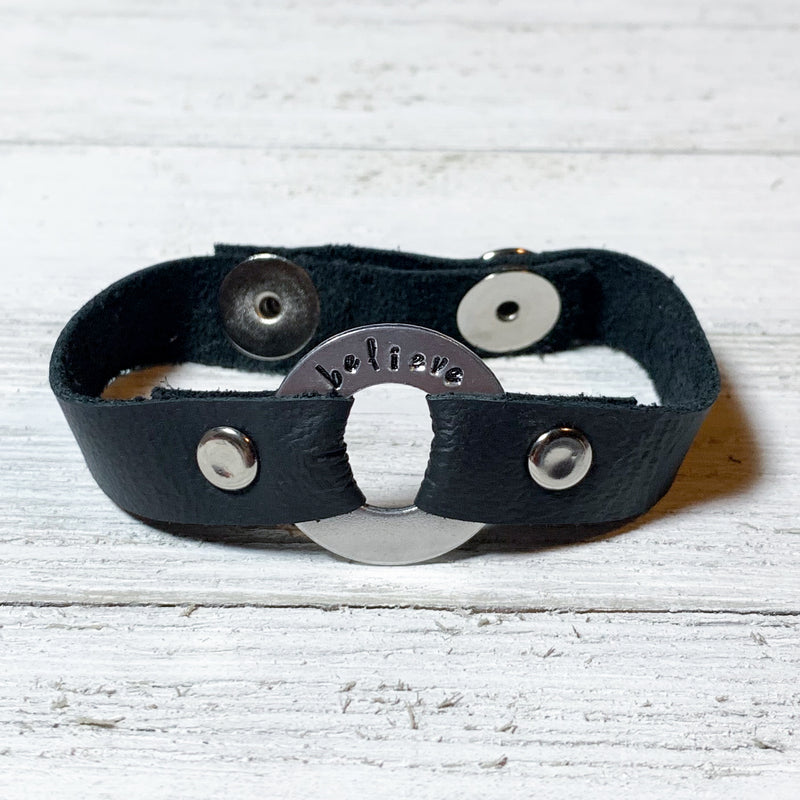 Hand Stamped Leather Washer Bracelet