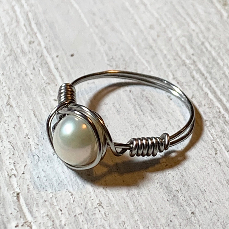White Pearl Ring Wire Wrapped in Stainless Steel Wire