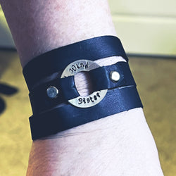 Custom Washer Word Bracelet Wide Leather Cuff